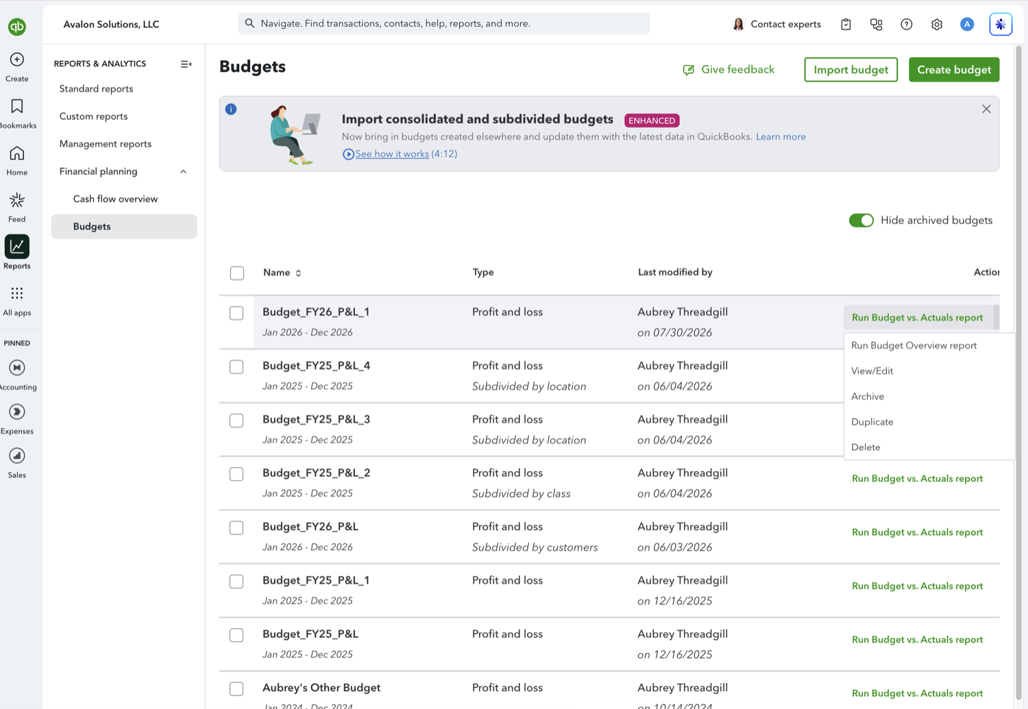 QuickBooks Online Budgets page with the row actions menu open showing the Duplicate option