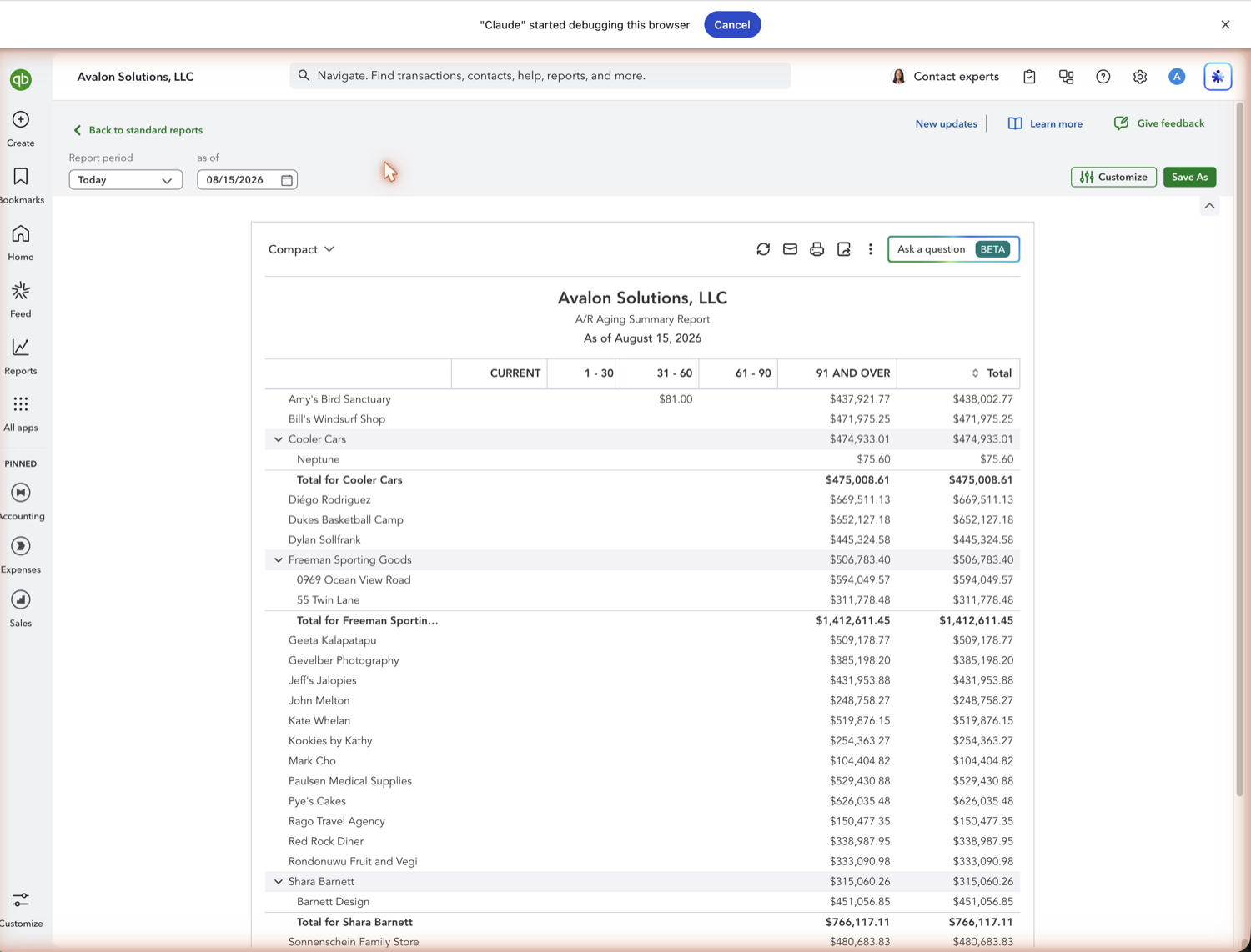 QuickBooks Online reports list with Accounts receivable aging summary highlighted under Who owes you