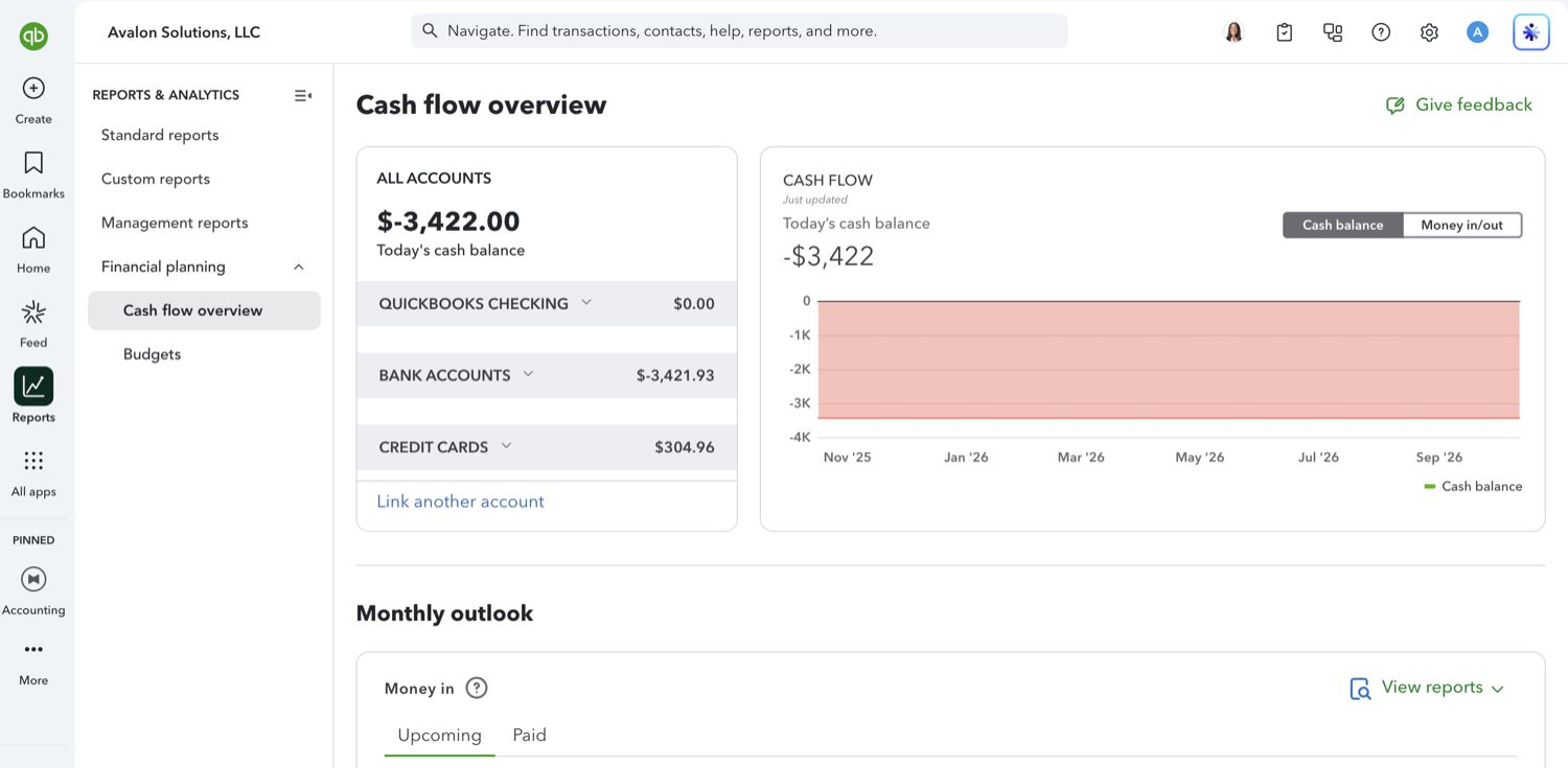 Cash flow overview in QuickBooks Online showing account balances and the cash flow chart