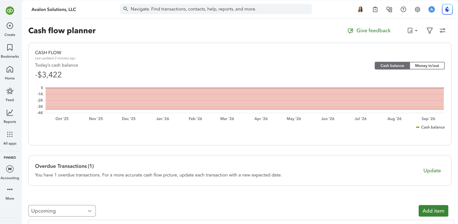 The Cash flow planner in QuickBooks Online with the cash flow chart, overdue transactions panel, and planned items table