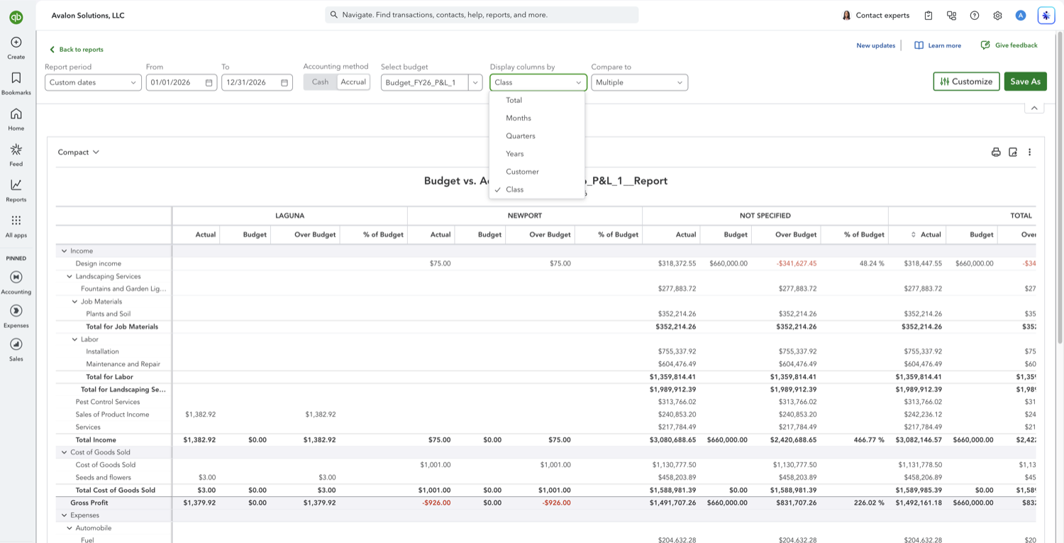 Display columns by dropdown open on a QuickBooks Online Budget vs. Actuals report with Class among the options
