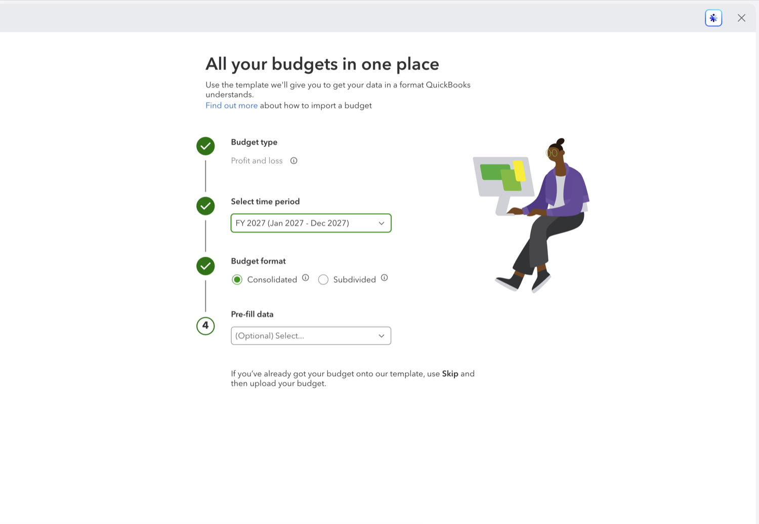 QuickBooks Online import budget wizard with budget type, time period, and budget format options
