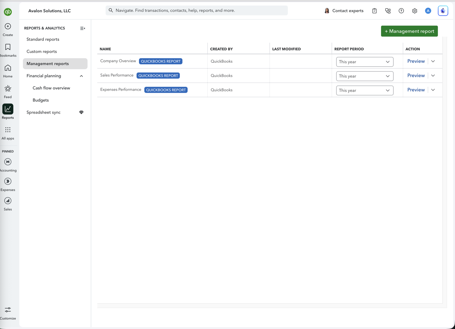 QuickBooks Online management reports list with the default report packages
