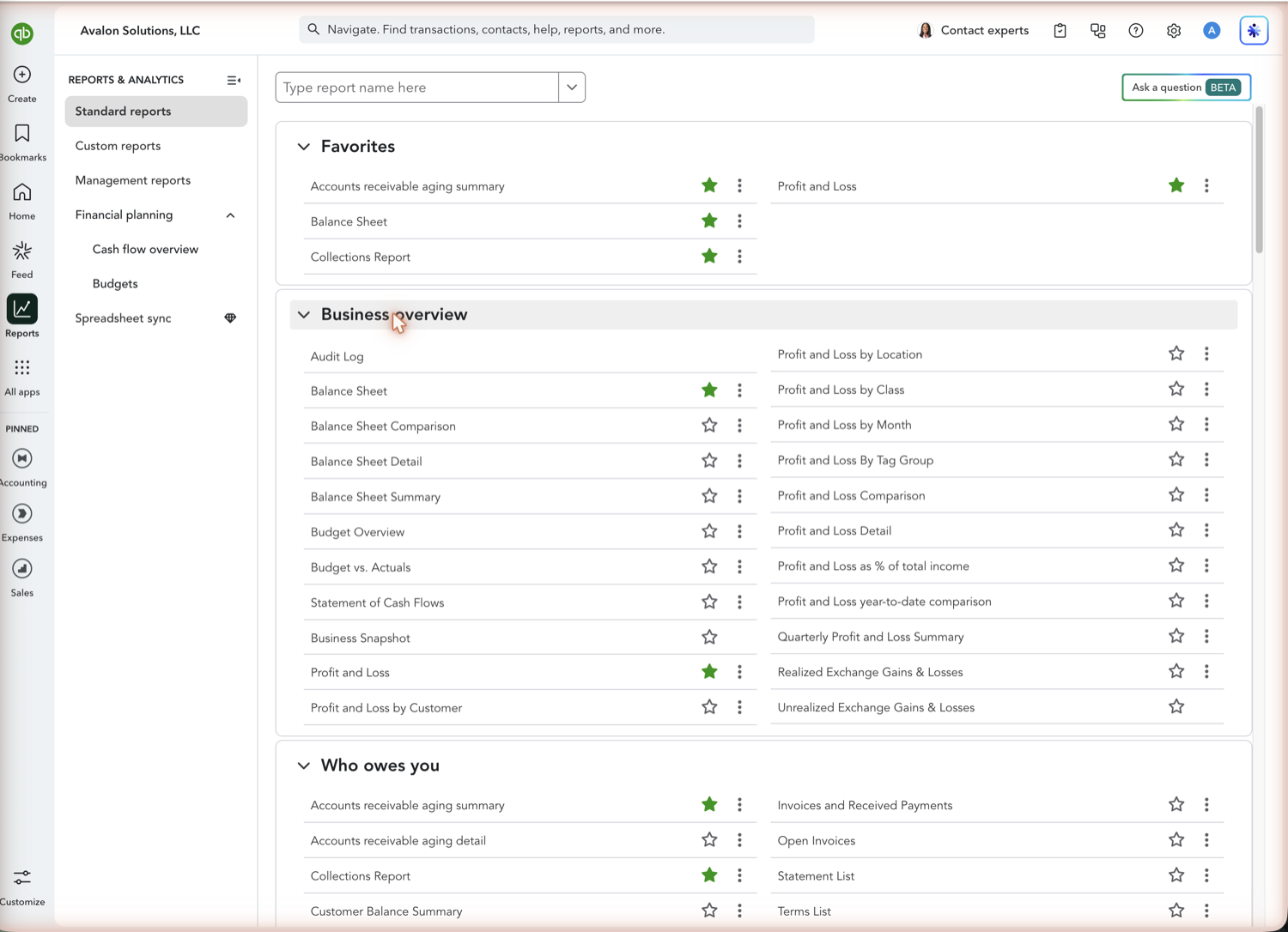 QuickBooks Online reports list with Profit and Loss highlighted under Business overview
