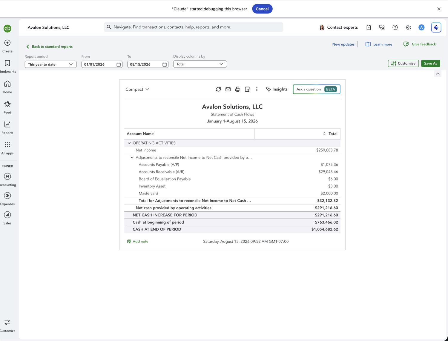 QuickBooks Online reports list with the Statement of Cash Flows highlighted under Business overview