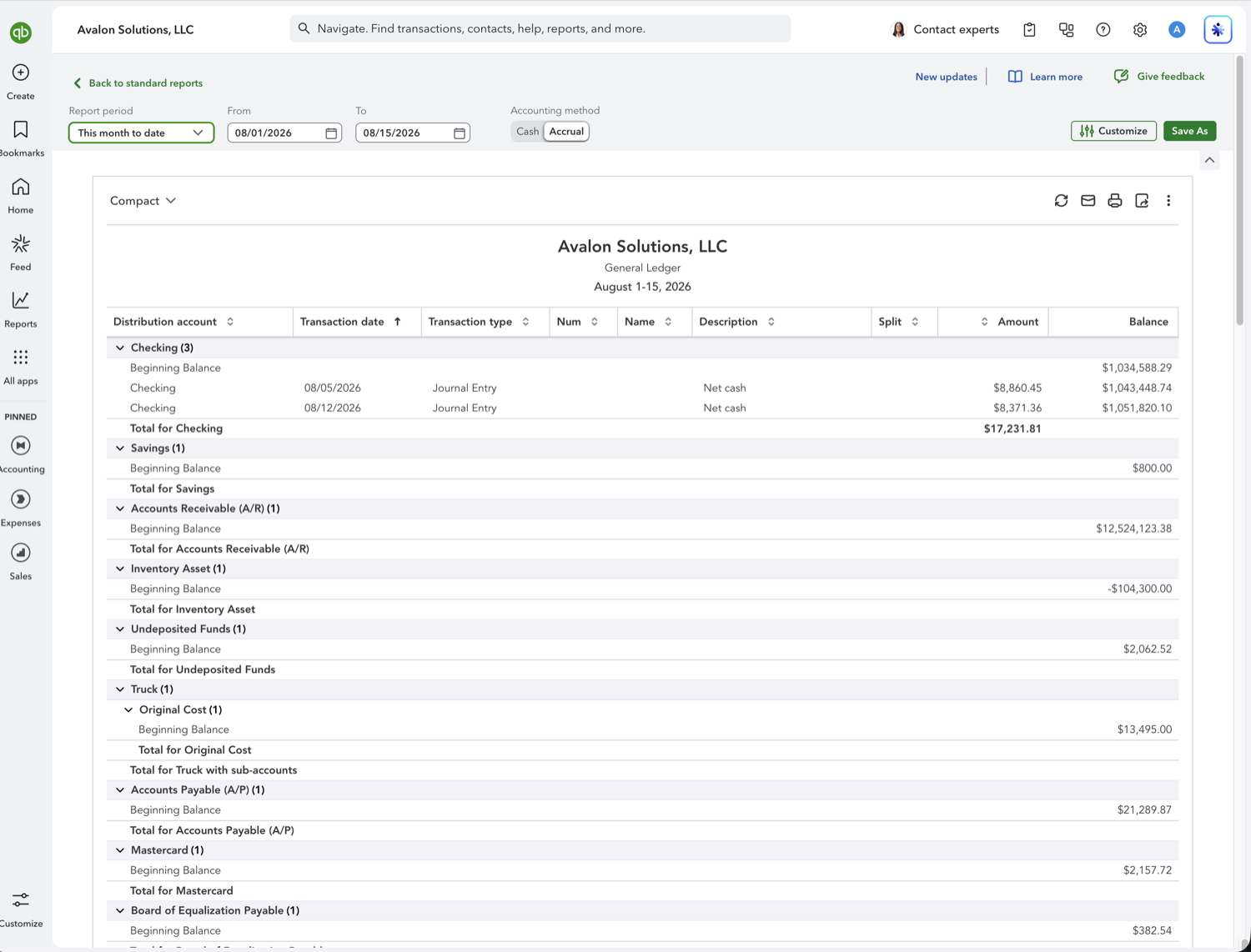 QuickBooks Online reports list with the General Ledger report highlighted under For my accountant
