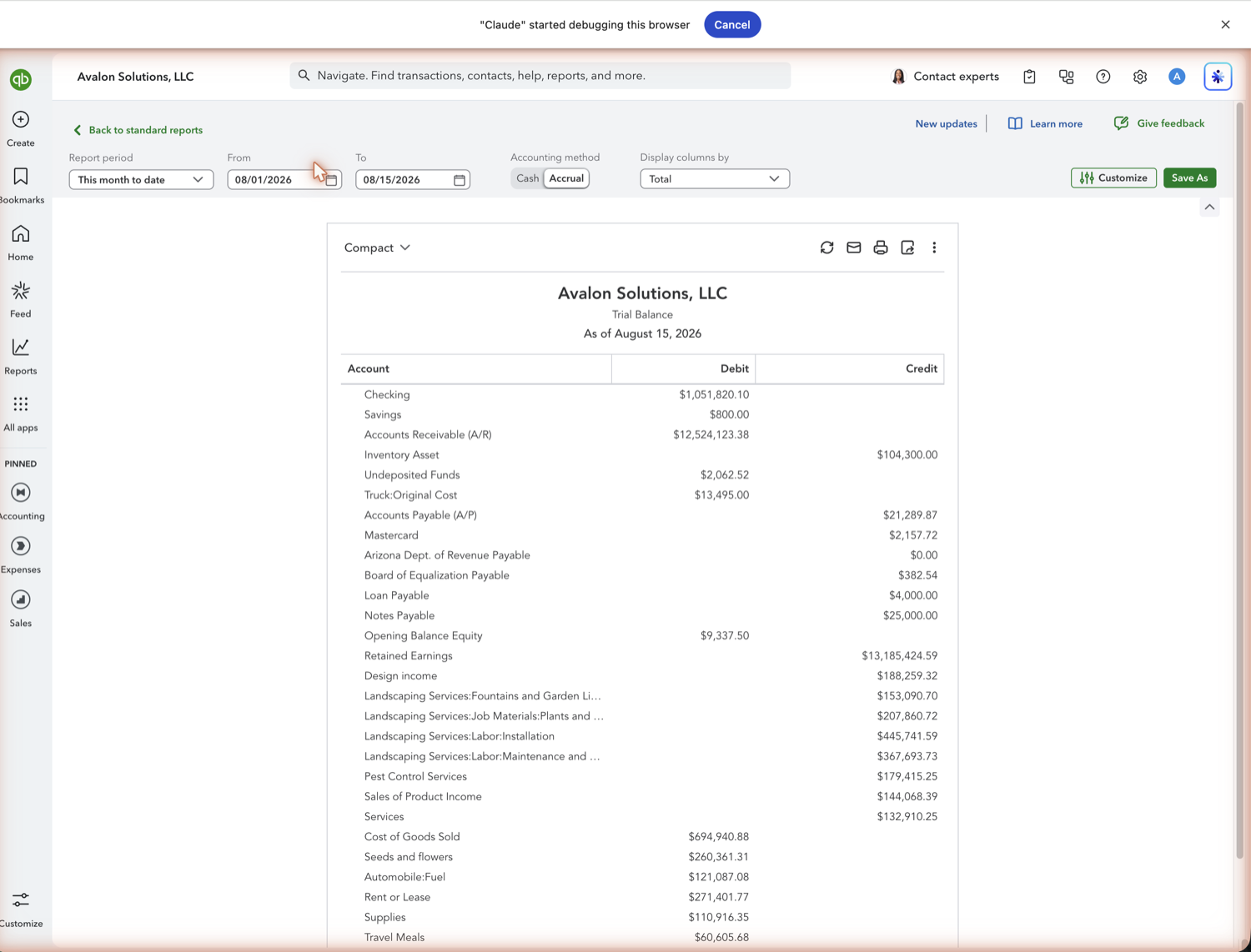 QuickBooks Online reports list with the Trial Balance report highlighted under For my accountant