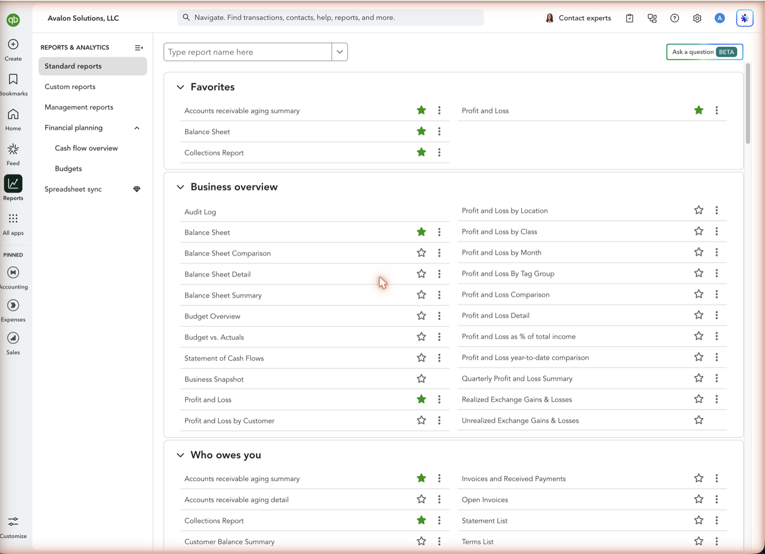 QuickBooks Online reports list with a standard report selected as a starting point