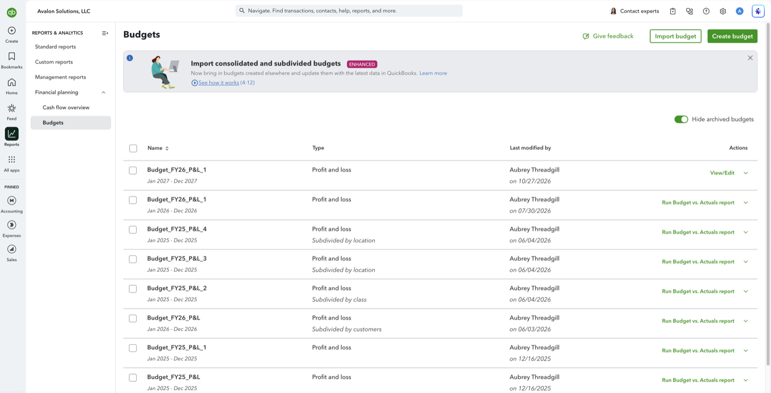 QuickBooks Online Budgets page with the Type column showing budgets subdivided by class, customer, and location
