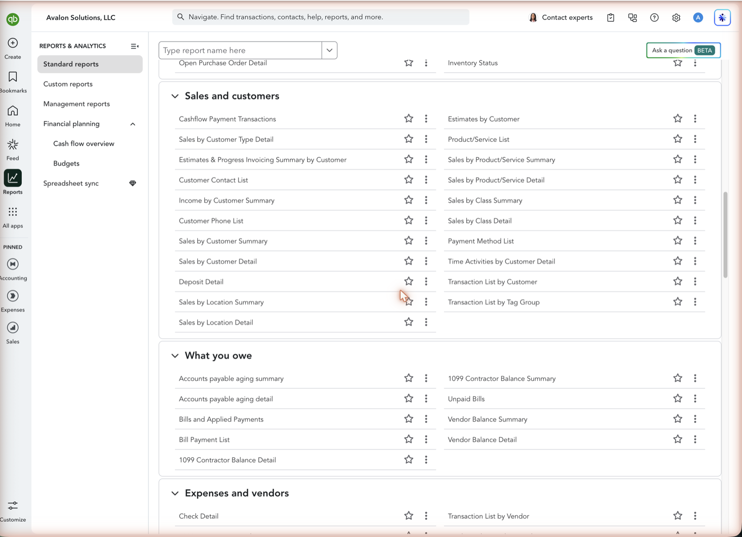 QuickBooks Online reports list showing the Sales and customers group