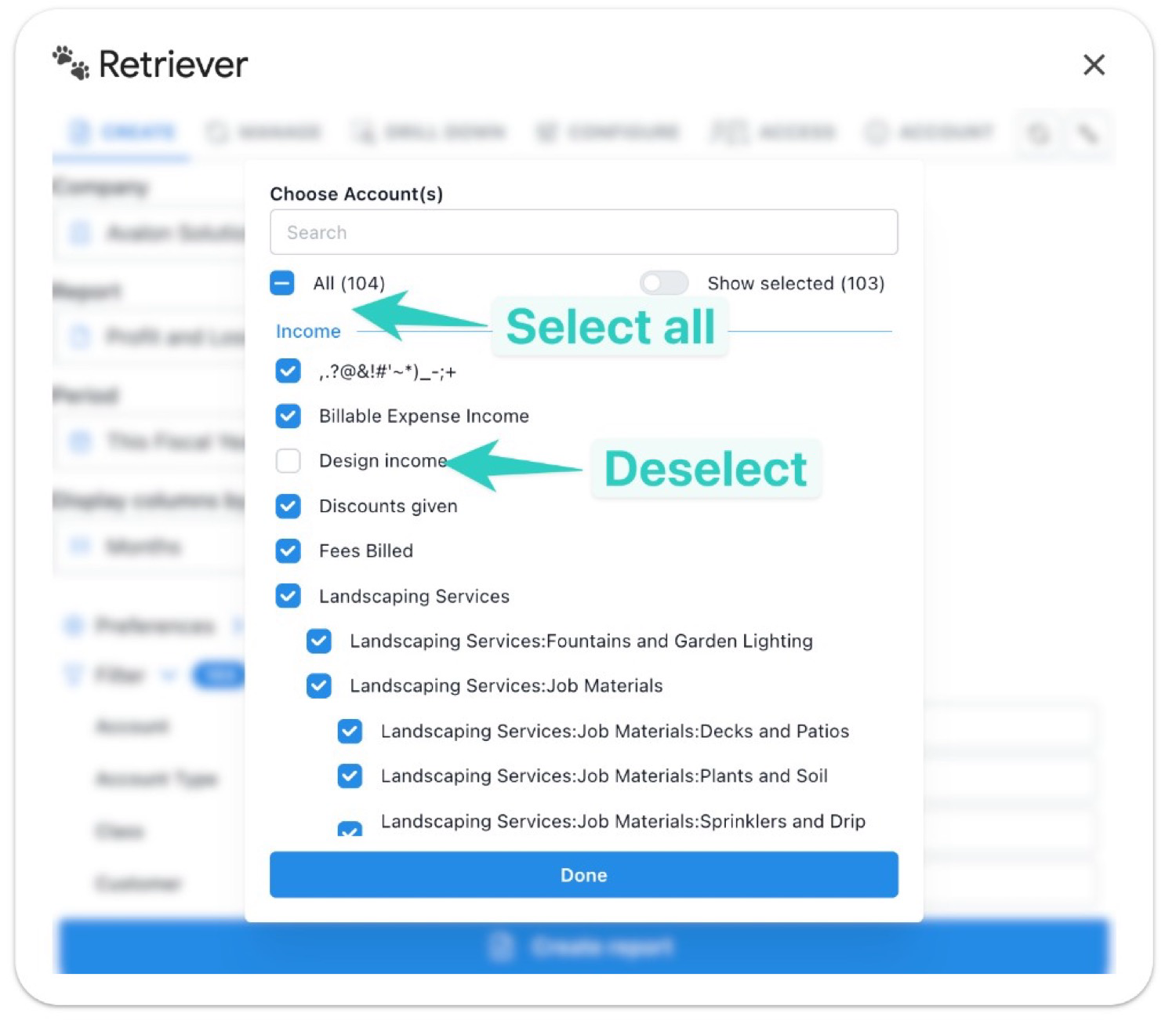 Retriever Choose Account(s) picker with All partly selected and one account unchecked.