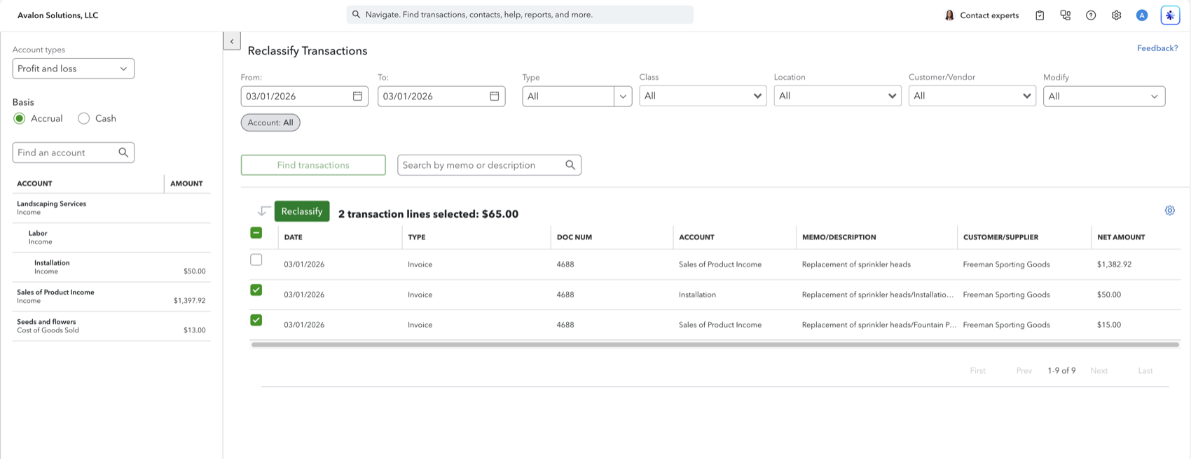 Reclassify Transactions with two invoice lines selected. The Type column on both rows is Invoice.