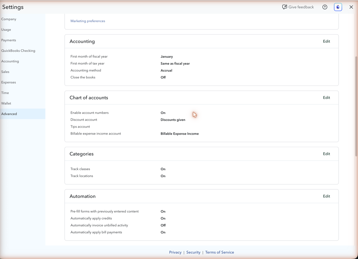 QuickBooks Online Advanced settings Categories section with the Track classes toggle on
