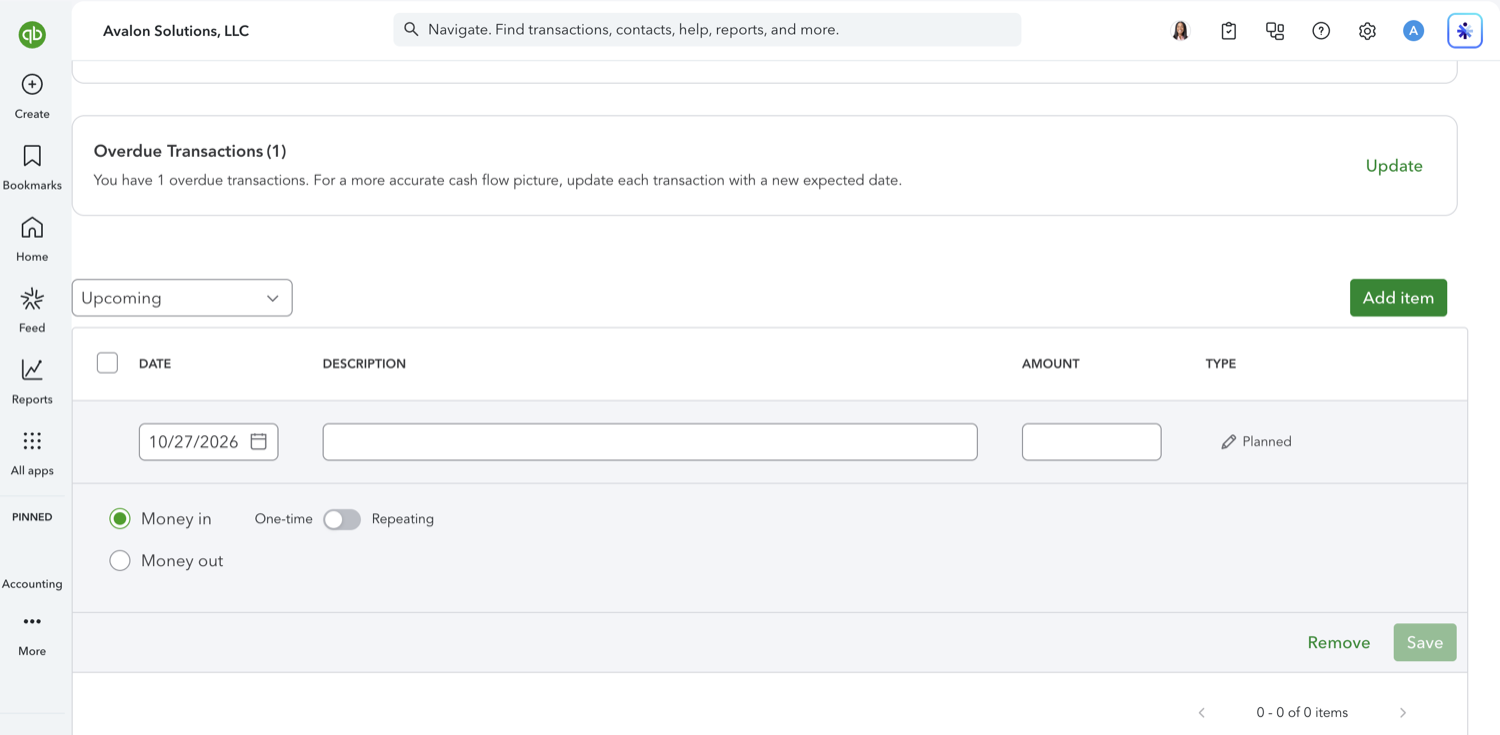The Add item row on the QuickBooks Online Cash flow planner with date, description, amount, and Money in or Money out options