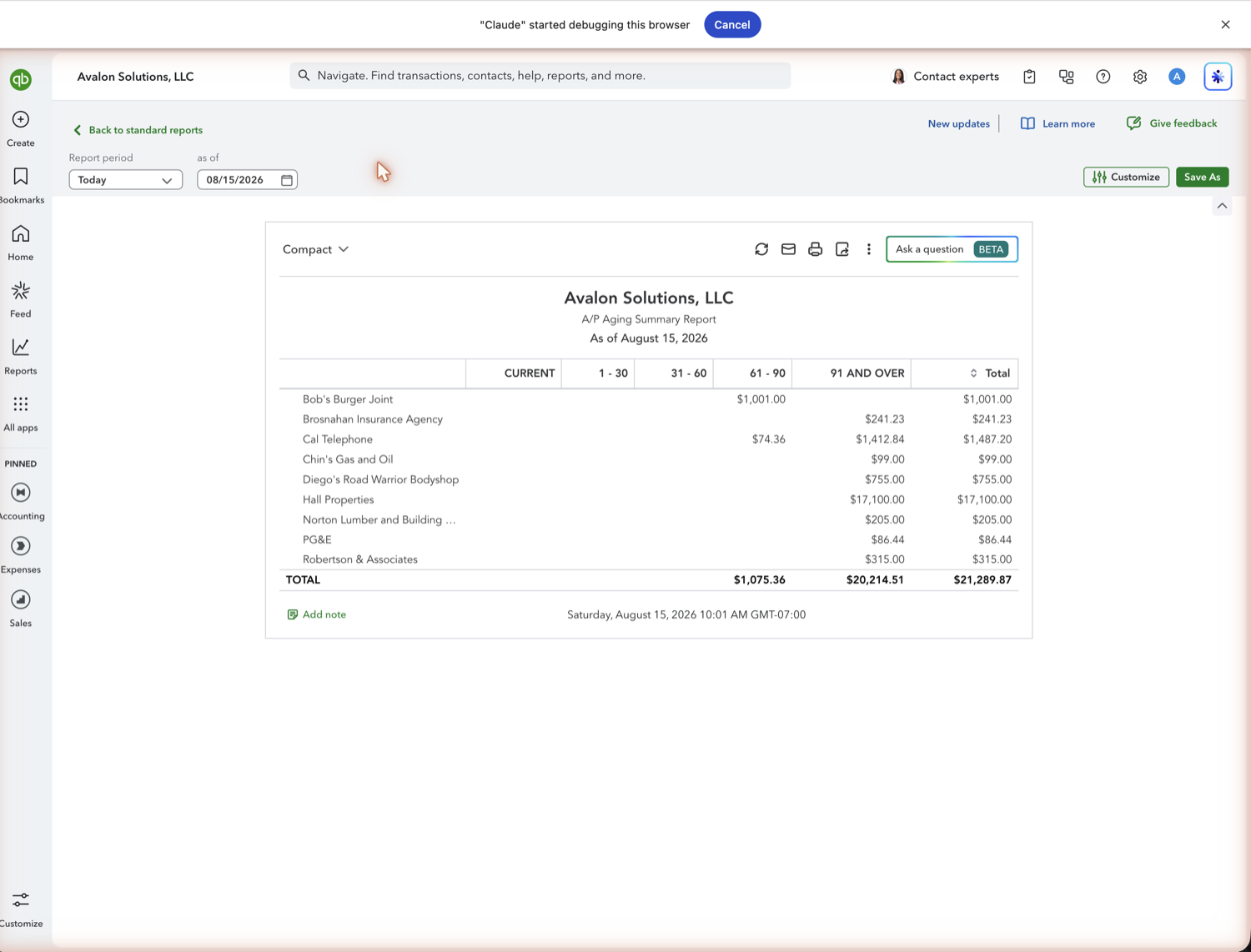 QuickBooks Online reports list with Accounts payable aging summary highlighted under What you owe