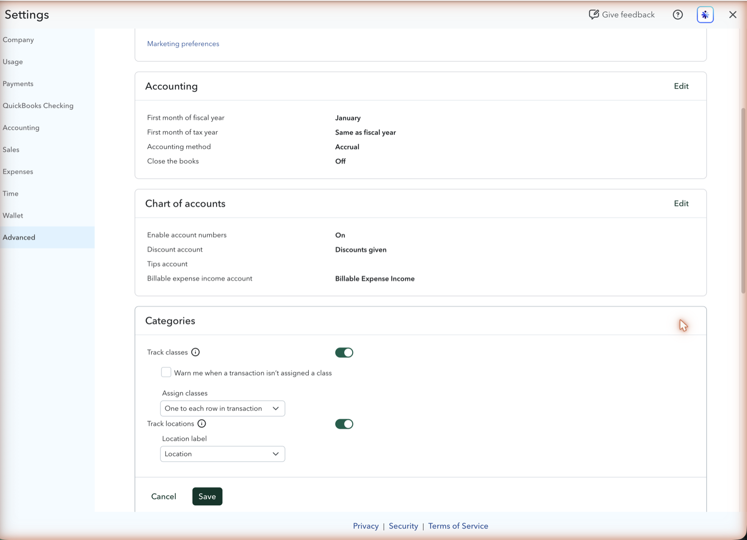 QuickBooks Online class assignment options with the warn-me checkbox selected