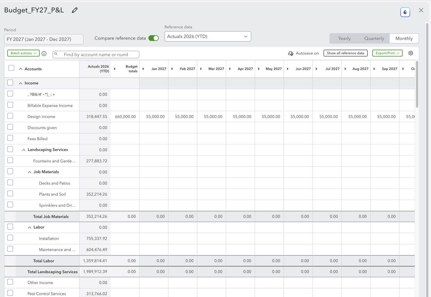 QuickBooks Online budget editor with accounts down the left and a column for each month