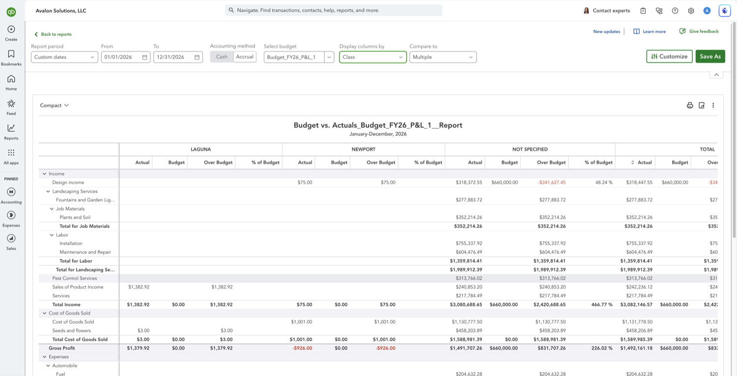 Budget vs. Actuals report in QuickBooks Online where each class shows a zero budget and the Not Specified column holds the entire budgeted amount