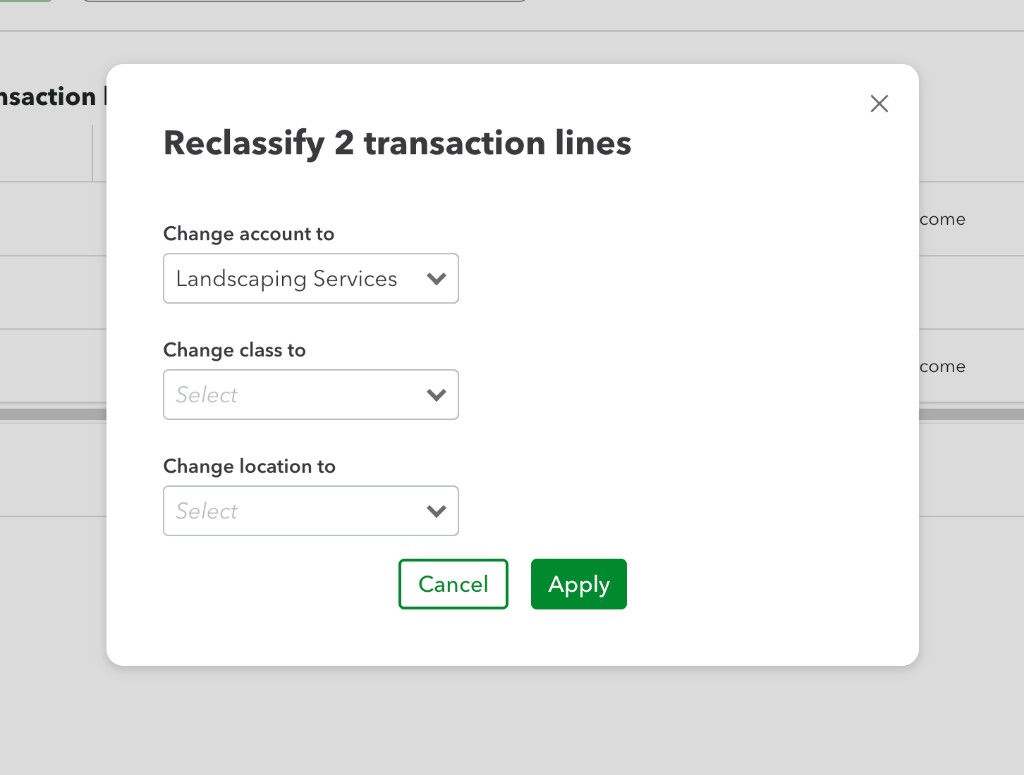Reclassify dialog set to change the account to Landscaping Services.