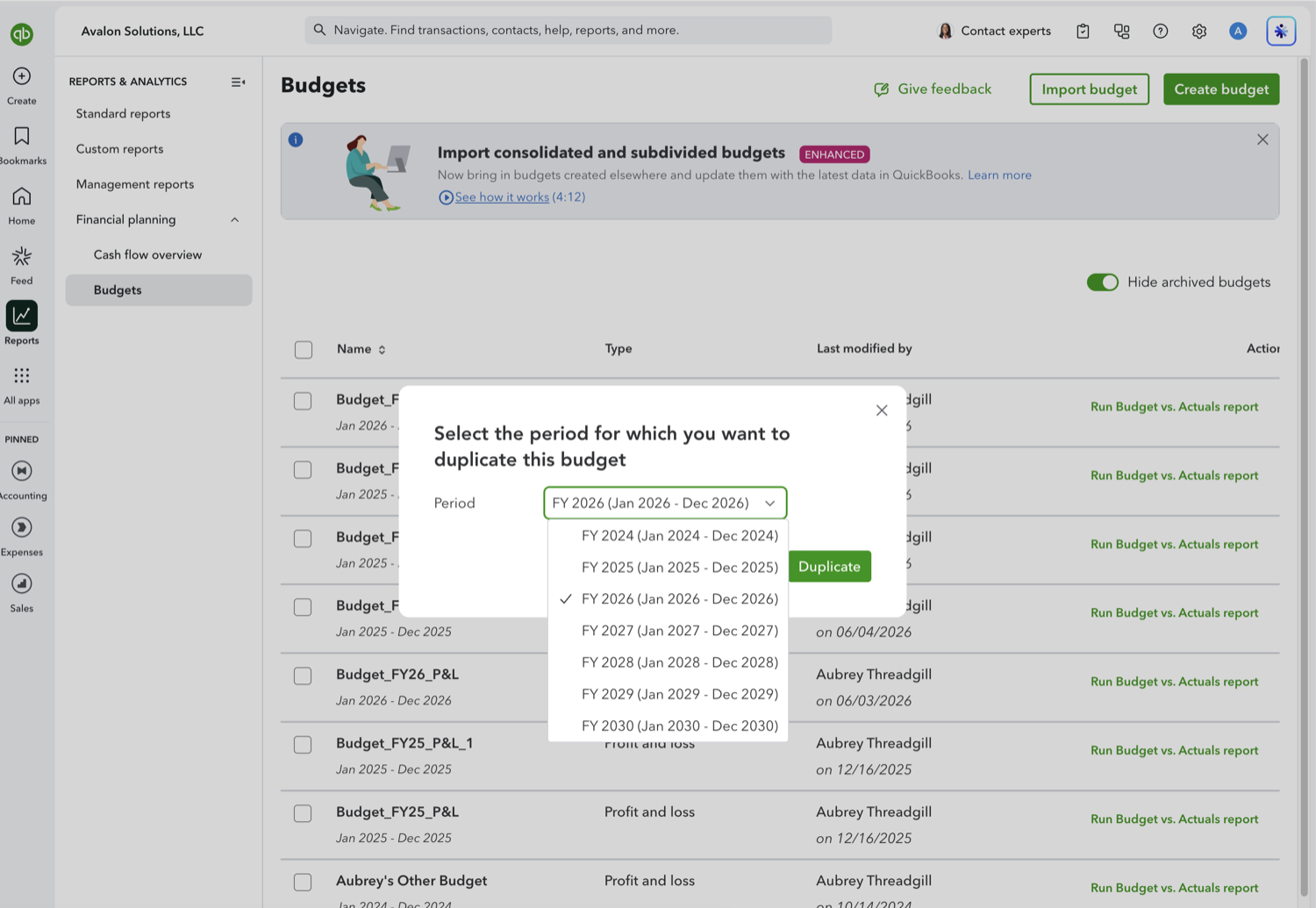 QuickBooks Online duplicate budget dialog with the fiscal year dropdown open