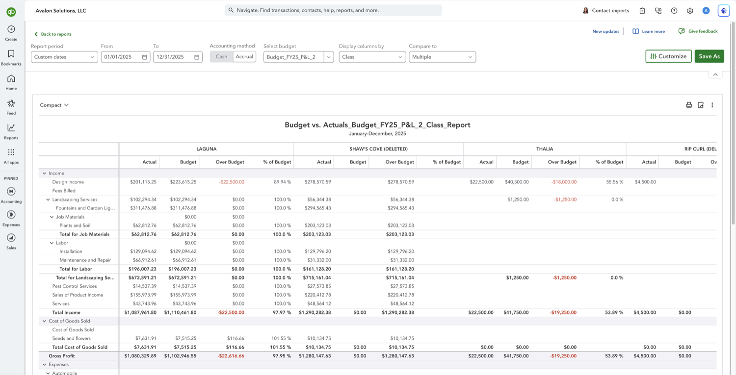 Budget vs. Actuals report in QuickBooks Online with a column group for each class