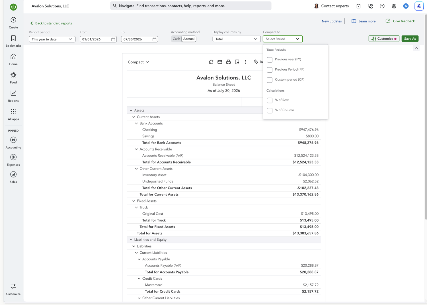 QuickBooks Online Balance Sheet Compare to dropdown showing Previous year, Previous Period, and Custom period options