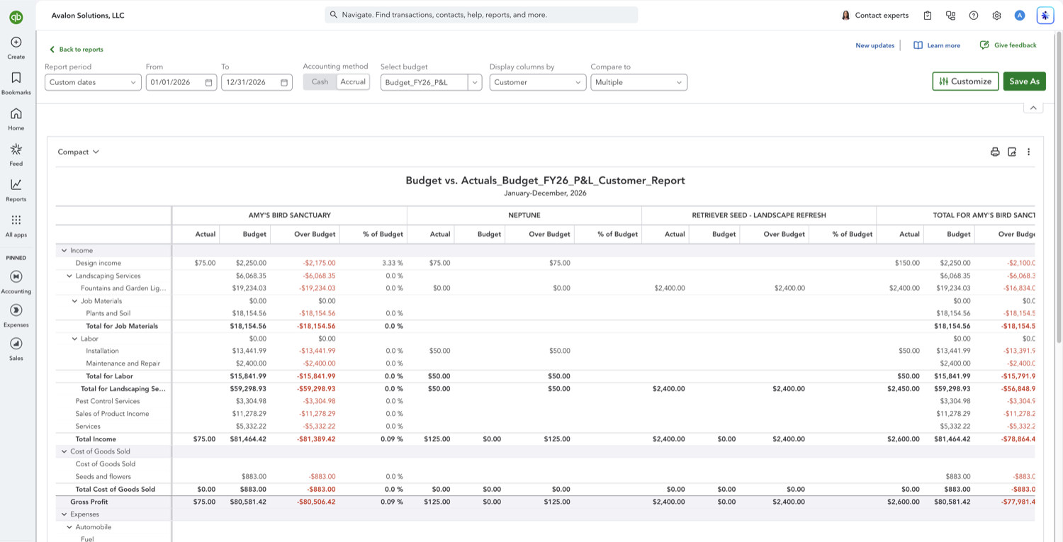 Budget vs. Actuals report in QuickBooks Online with a column group for each customer