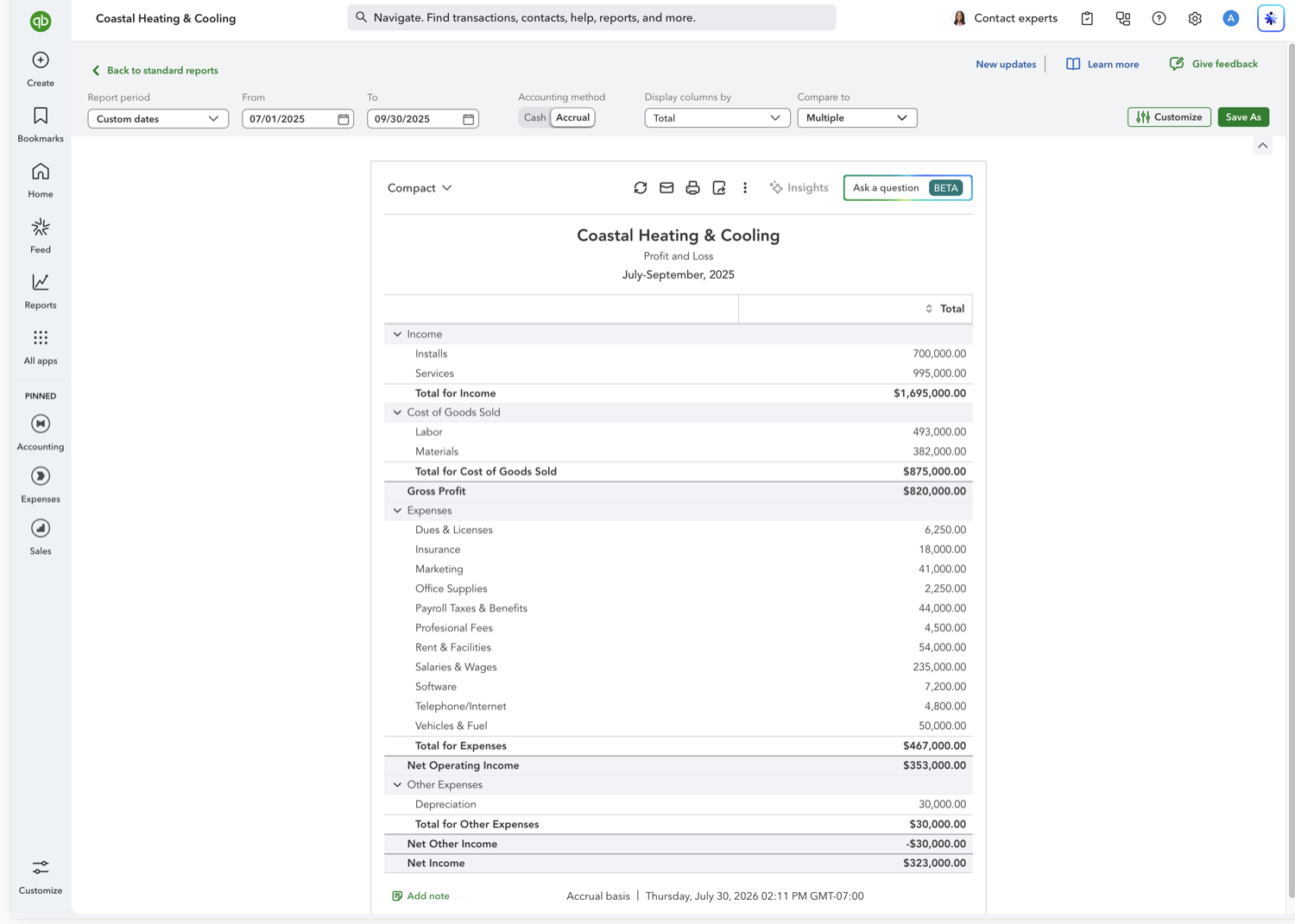 QuickBooks Online report period set to a single quarter