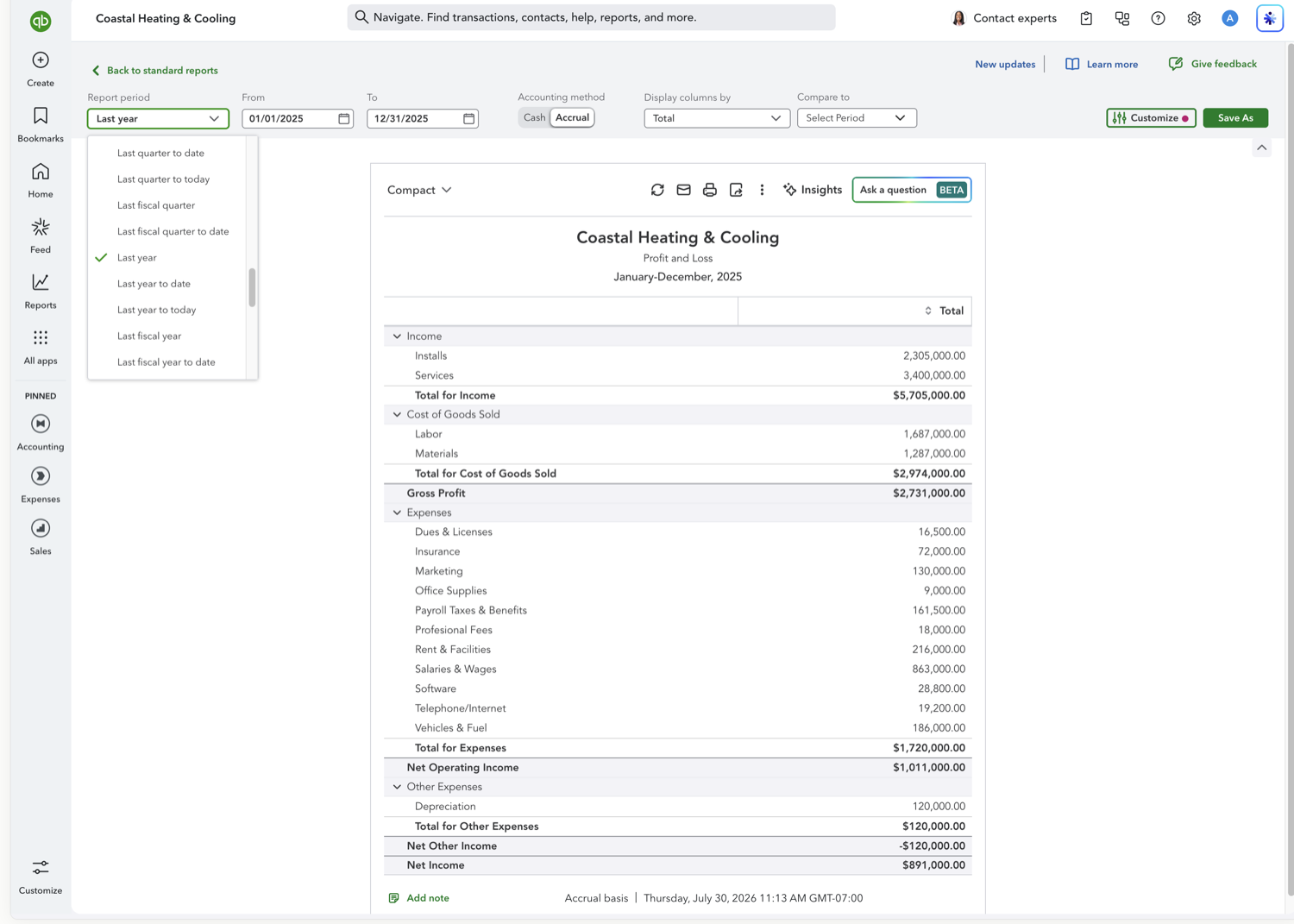 QuickBooks Online date range selector