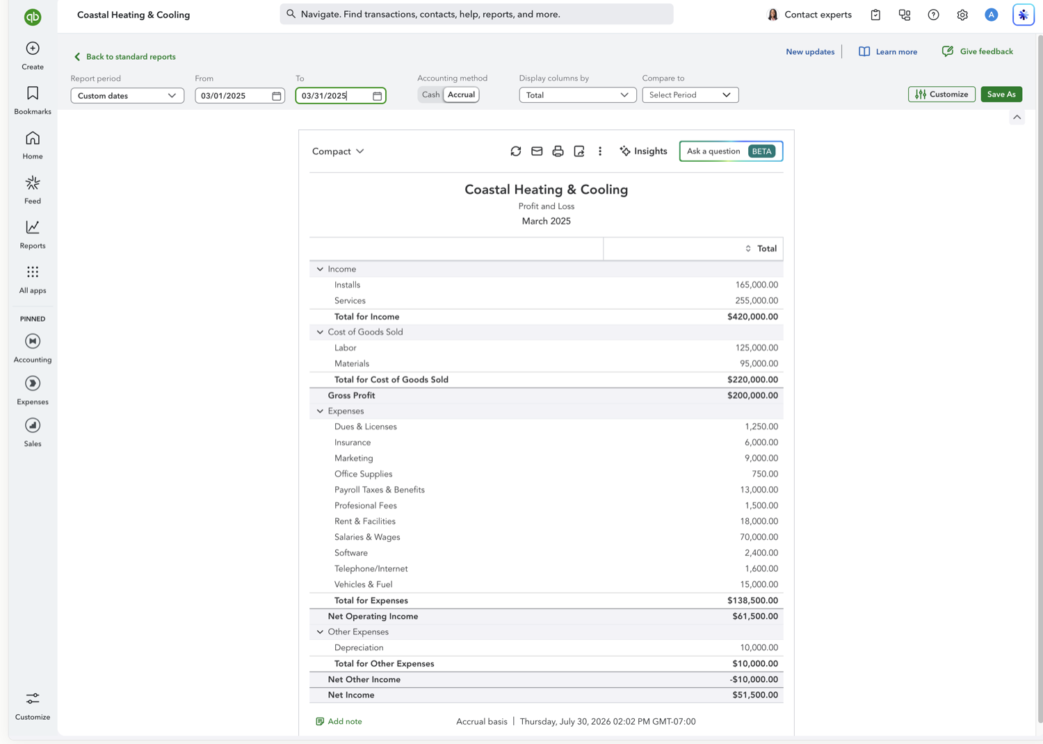 QuickBooks Online report period set to a single month