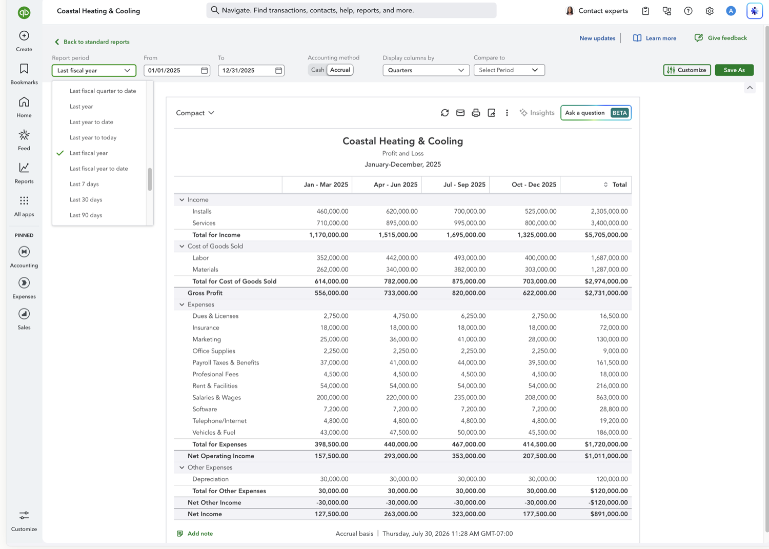 QuickBooks Online date range selector set to a fiscal year