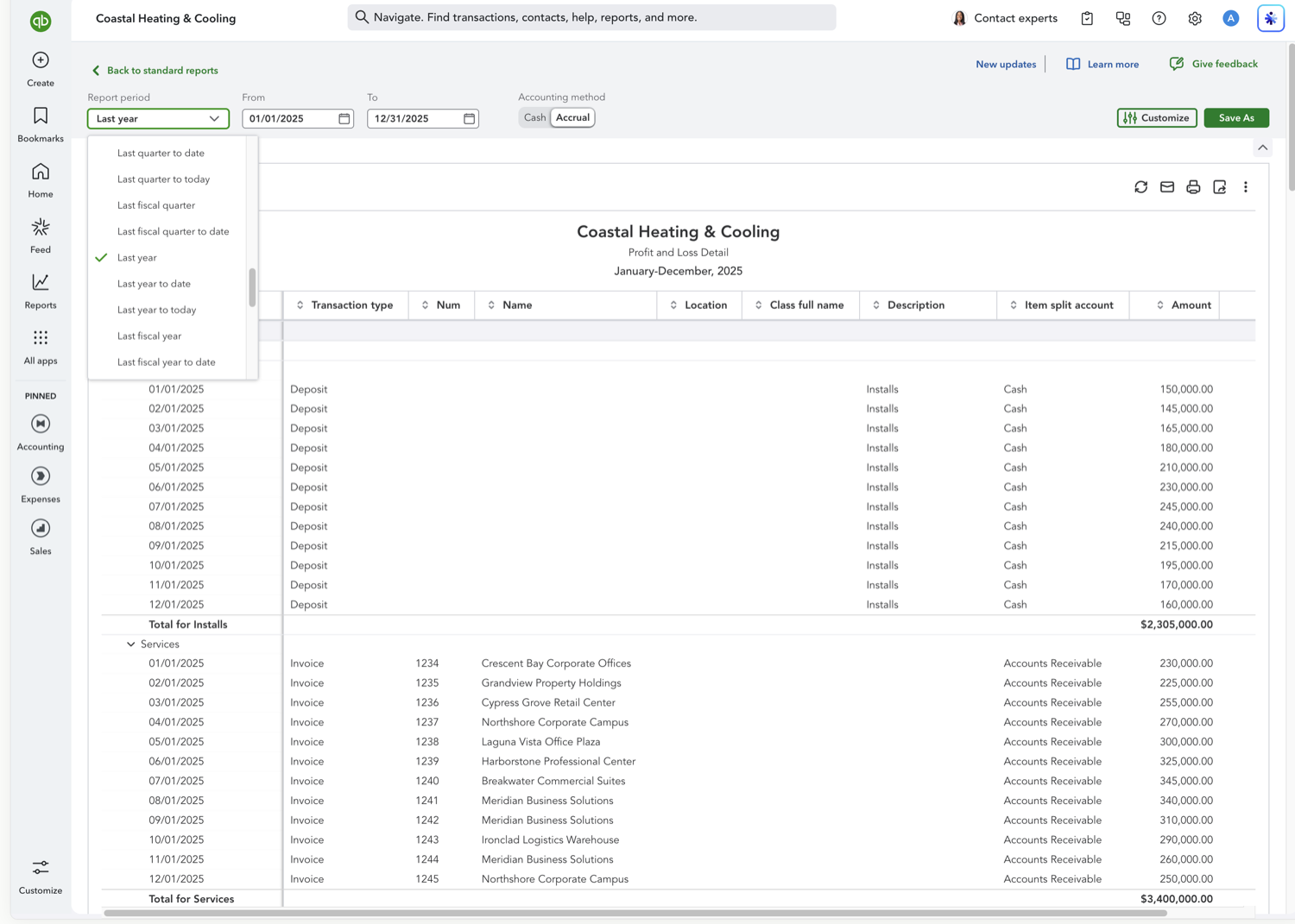 QuickBooks Online date range selector