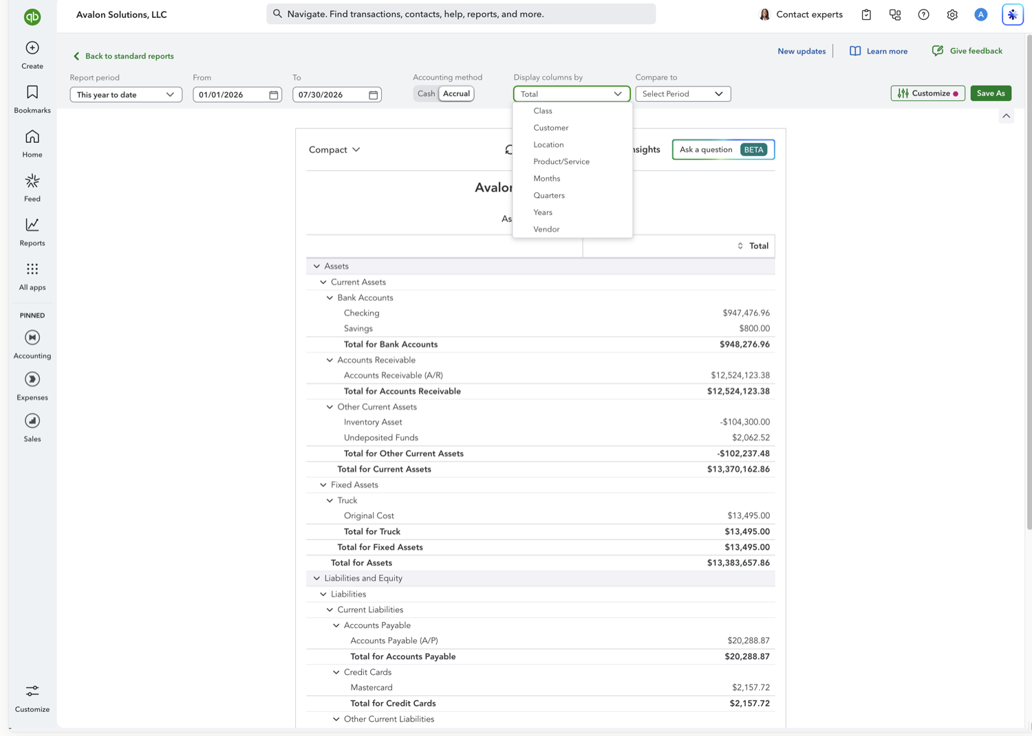 QuickBooks Online Display columns by dropdown open on the Balance Sheet showing the Class option