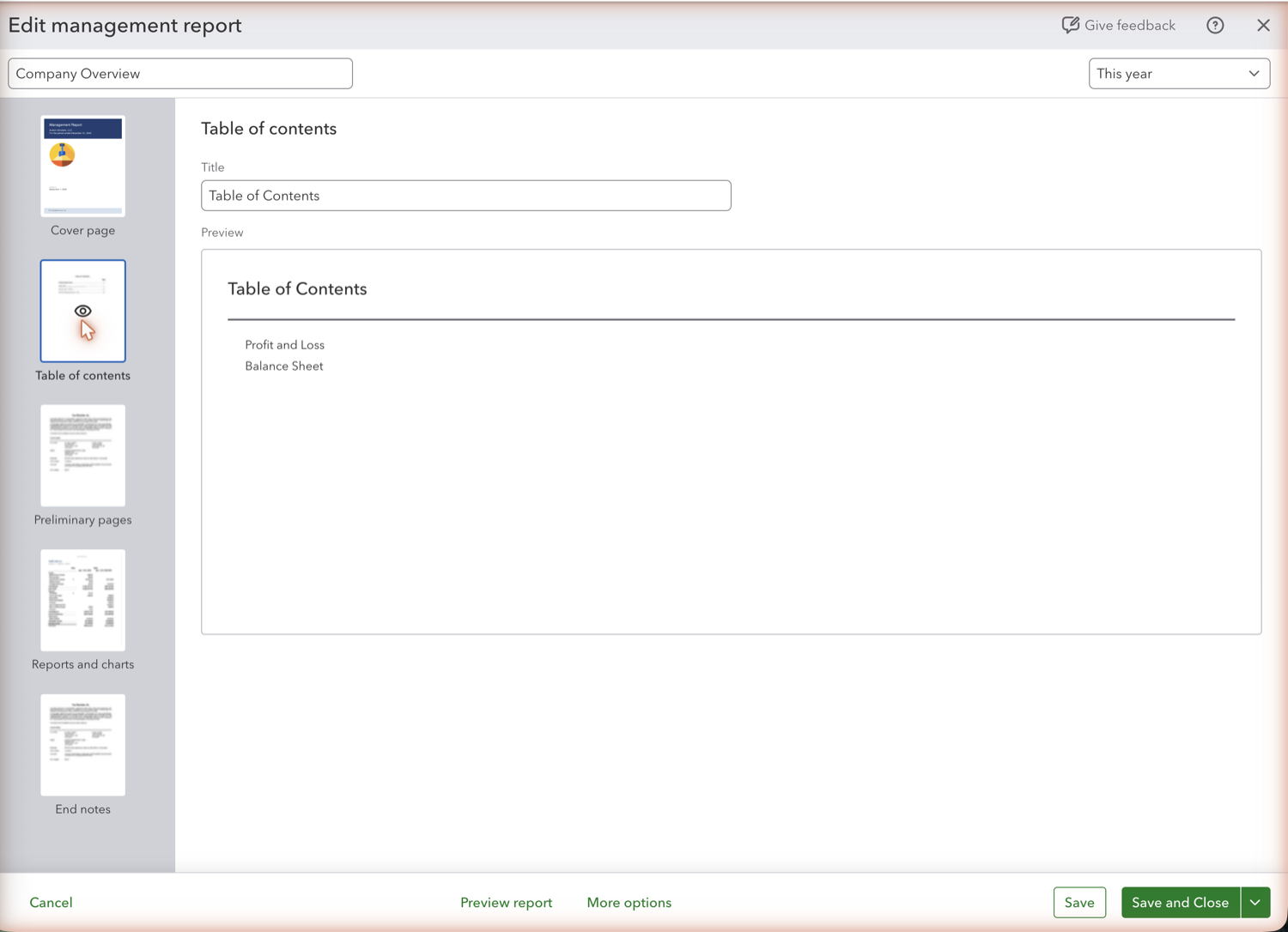 QuickBooks Online management report editor showing the package sections