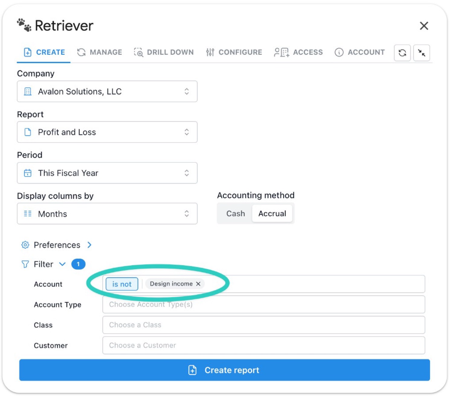 Retriever Create tab with the Account filter set to "is not" for one account.