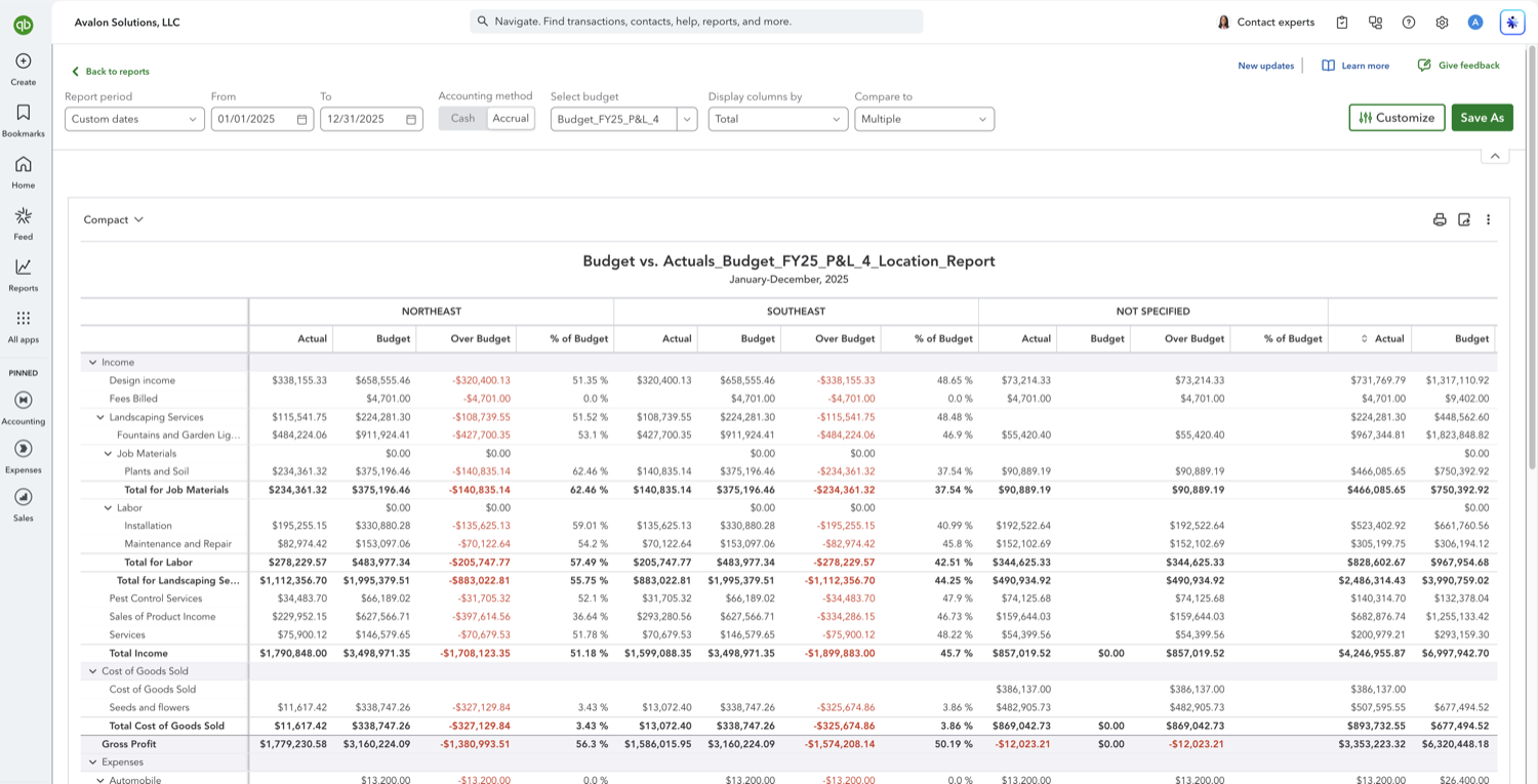 Budget vs. Actuals report in QuickBooks Online with a column group for each location