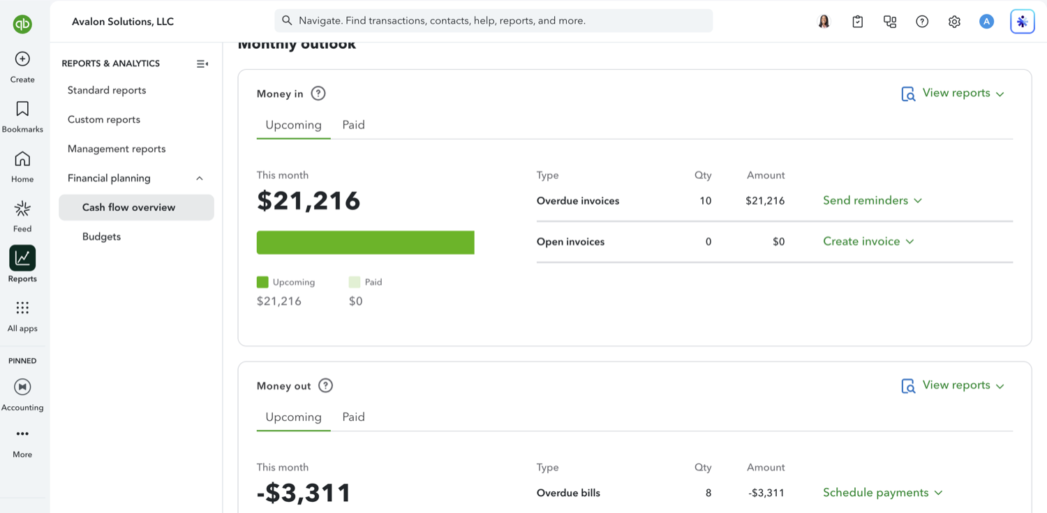 The monthly outlook section of Cash flow overview in QuickBooks Online with money in and money out