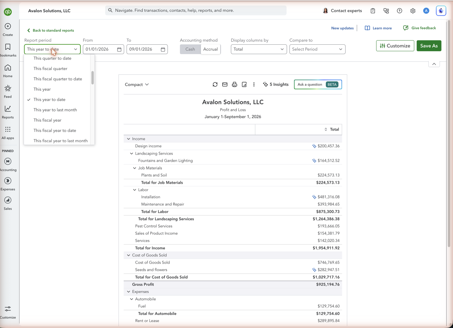 QuickBooks Online Profit and Loss toolbar with the Report period dropdown and Cash/Accrual toggle