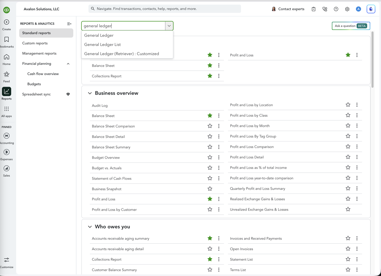 QuickBooks Online report search box with matching report names listed below it
