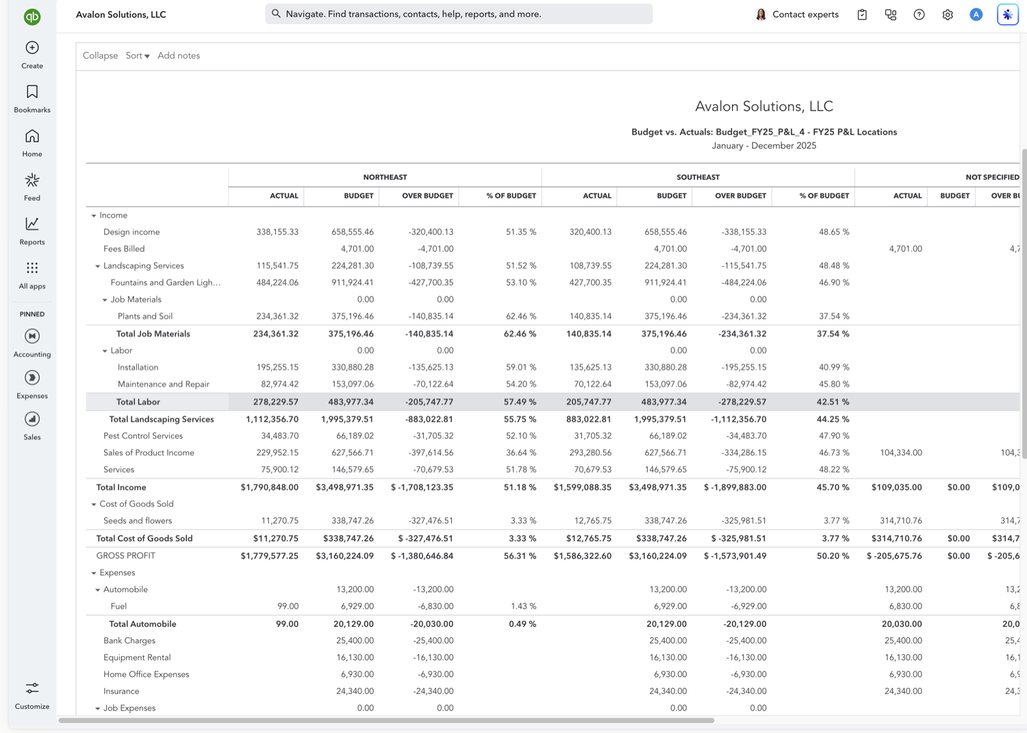 Budget vs. Actuals report in QuickBooks Online with Actual, Budget, Over Budget, and % of Budget columns