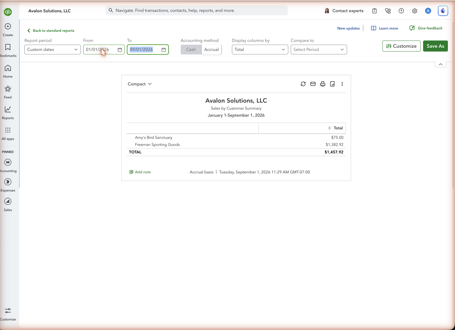 QuickBooks Online Sales by Customer Summary report with totals per customer