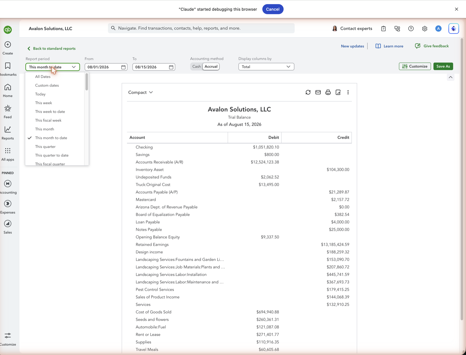 QuickBooks Online Trial Balance toolbar with the report period and Cash/Accrual toggle