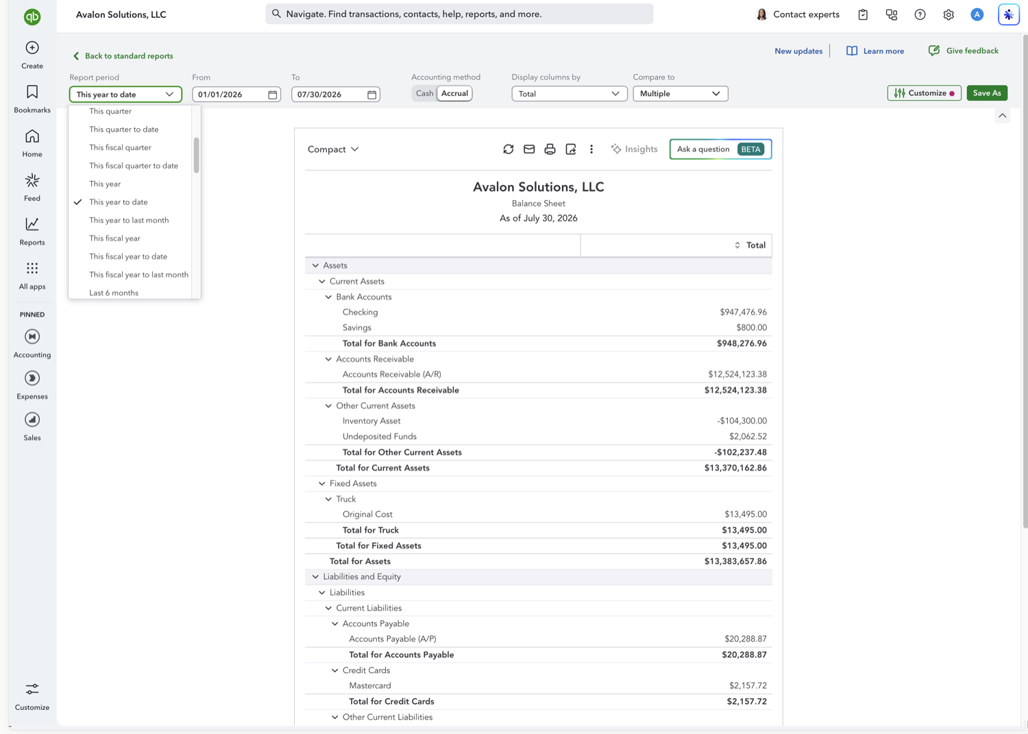 QuickBooks Online Balance Sheet toolbar with the Report period dropdown open and the Cash/Accrual toggle
