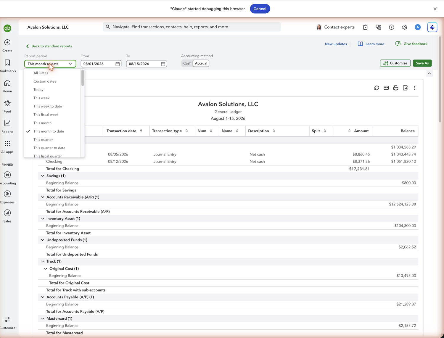 QuickBooks Online General Ledger toolbar with the Report period dropdown and Cash/Accrual toggle