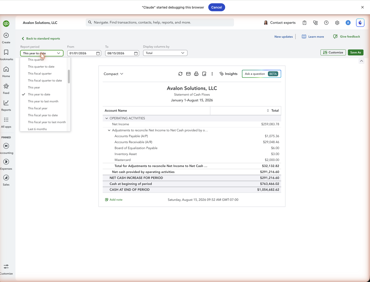 QuickBooks Online Statement of Cash Flows toolbar with the Report period dropdown open