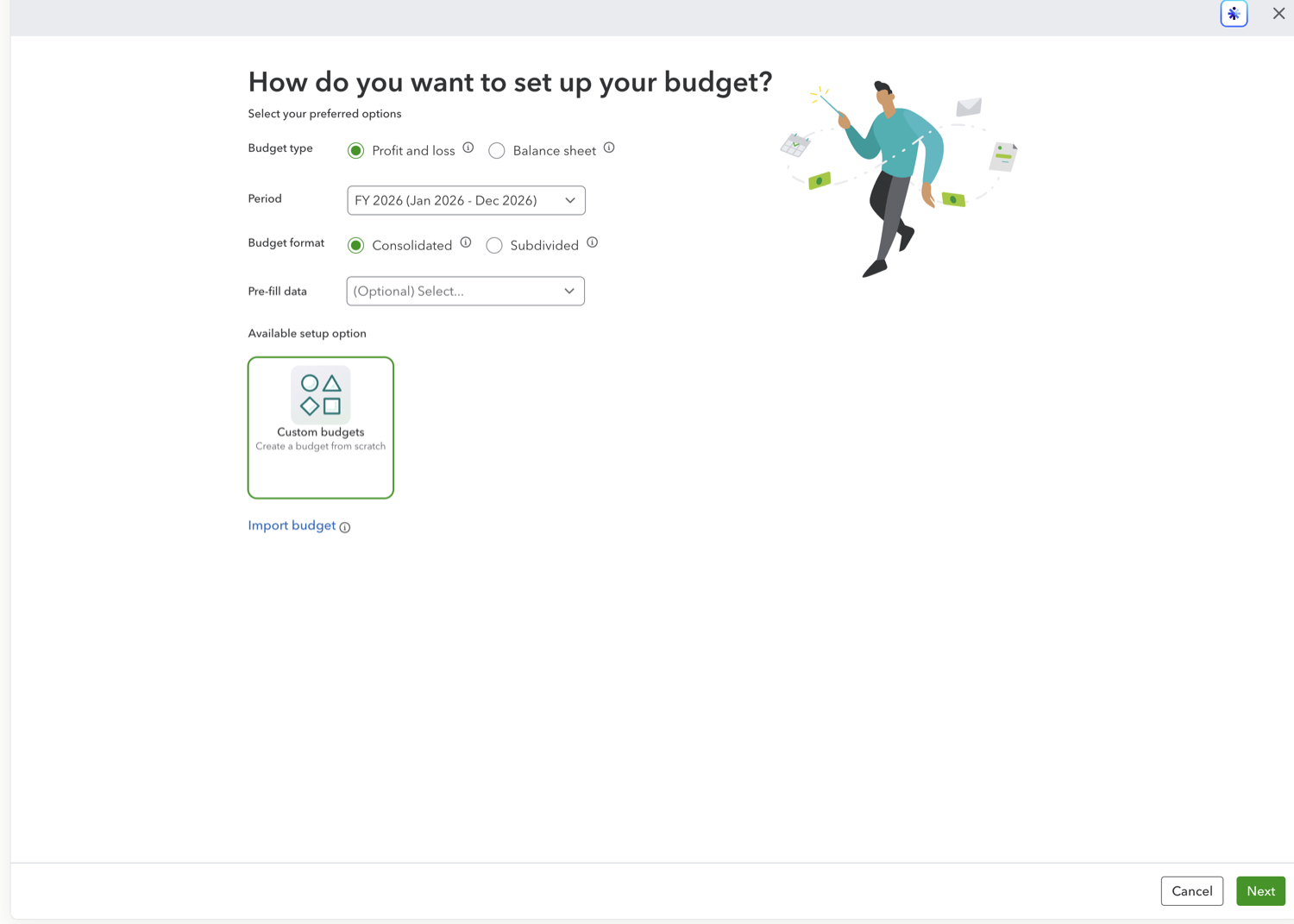 QuickBooks Online budget setup screen with type, period, and format options