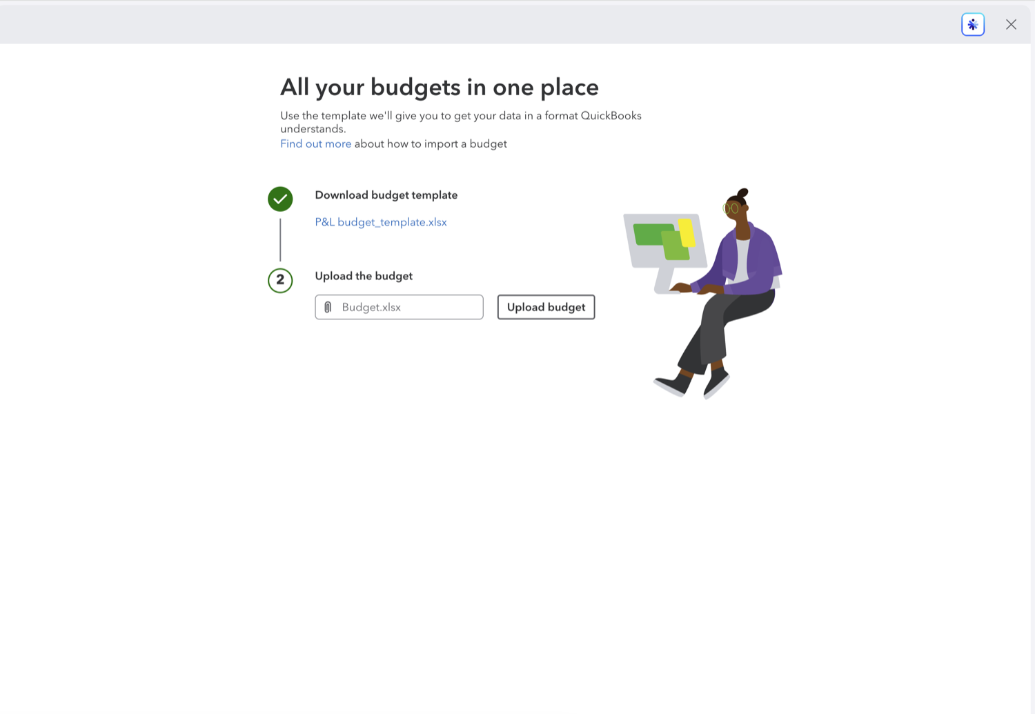 QuickBooks Online import budget screen with the template download link and the upload field
