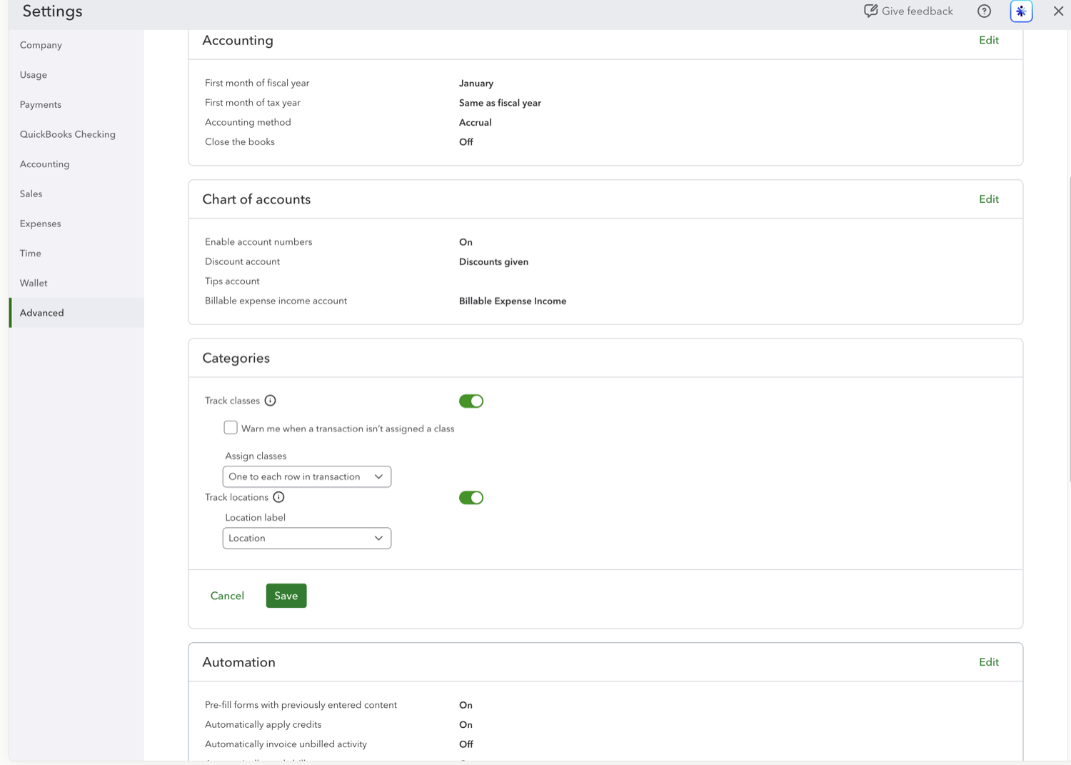 QuickBooks Online Advanced settings Categories section with the Track locations toggle on