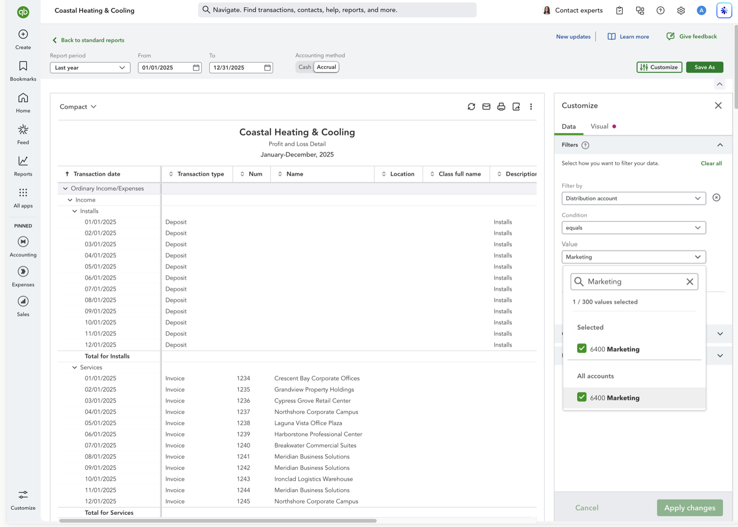 QuickBooks Online Customize panel with account filter applied