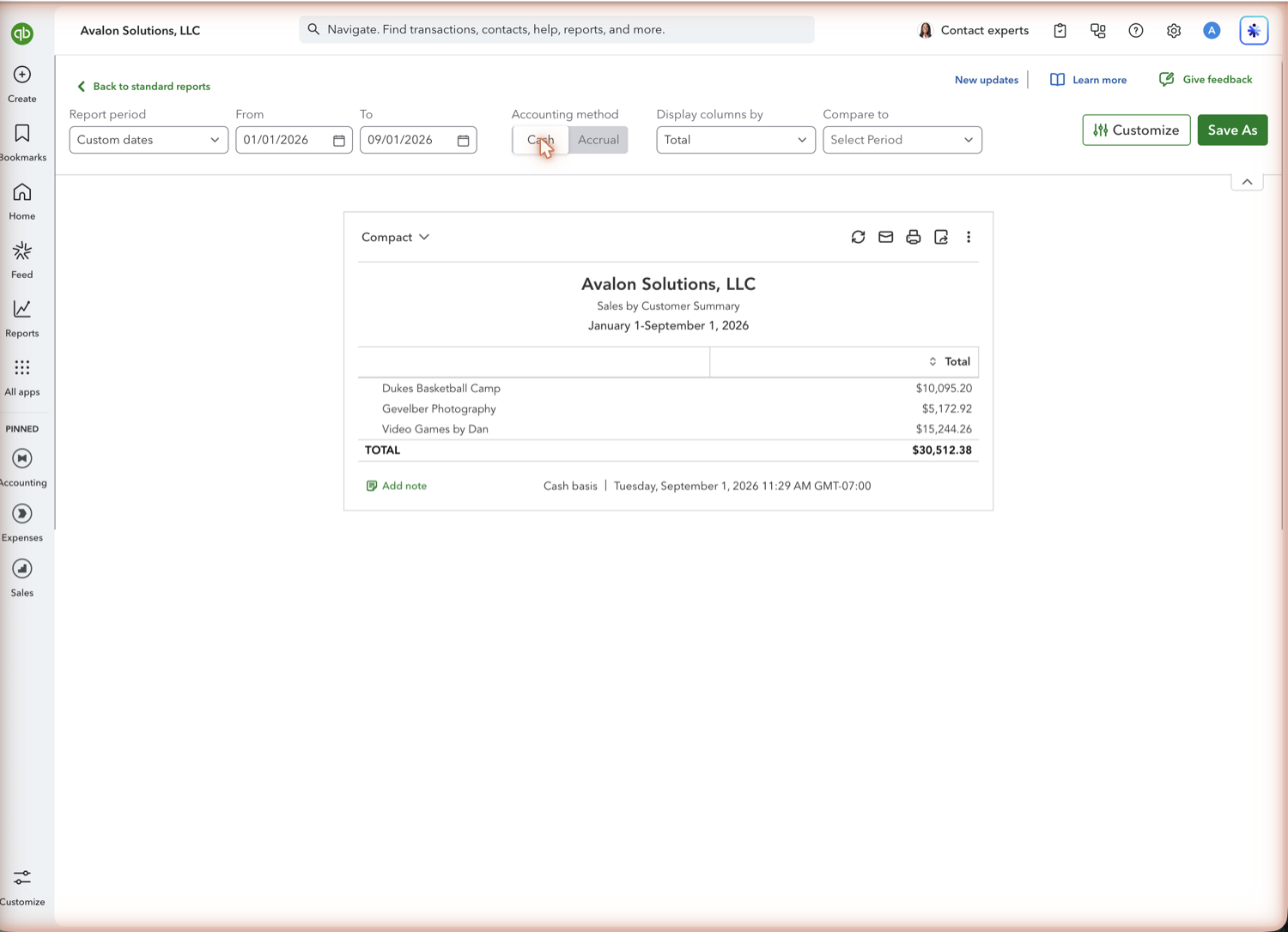 QuickBooks Online sales report toolbar with the Report period and accounting method